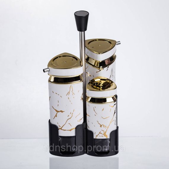 Набор баночек для специй и жидких текстур 4 предмета на подставке белый мрамор HP-1331 | Зображення 1