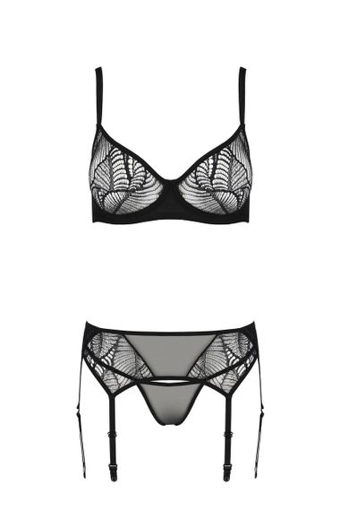 Комплект Passion LEAFA SET black S/M, кружево+сетка, бюстгальтер на косточках, стринги, пояс для чулок | Зображення 2