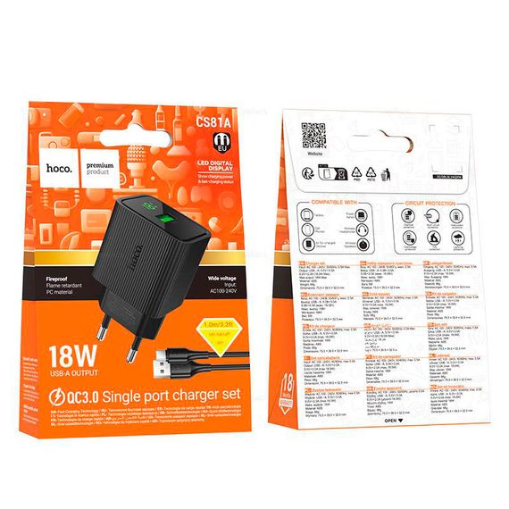 Набір СЗУ 110-240V HOCO CS81A+кабель Micro, 1xUSB, 3A, 18W, QC3.0, кабель 1м | Зображення 5
