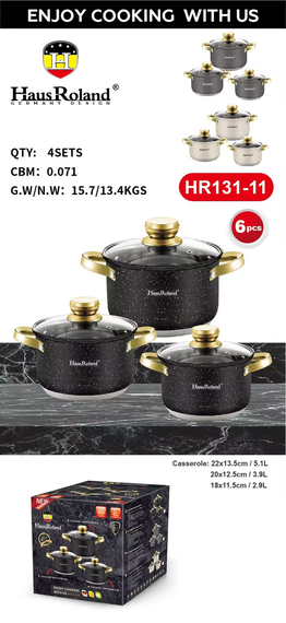 Набор кастрюль Haus Roland HR131-11 (3 шт) из нержавеющей стали 2,9/3,9/5,1 л, с гранитным покрытием, Черный | Зображення 1