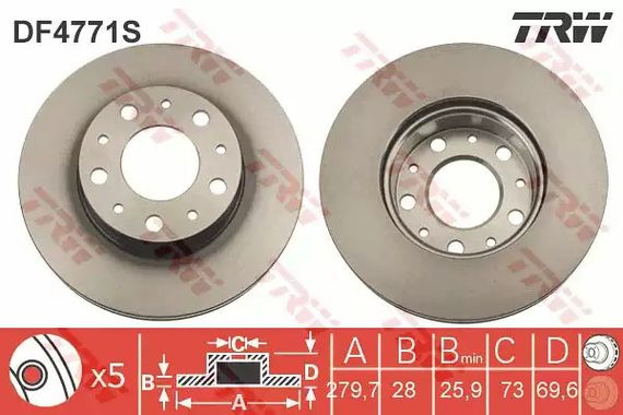 Диск гальмівний CITROEN/FIAT/PEUGEOT Jumper/Ducato/Boxer F D=279mm 06, TRW (DF4771S)