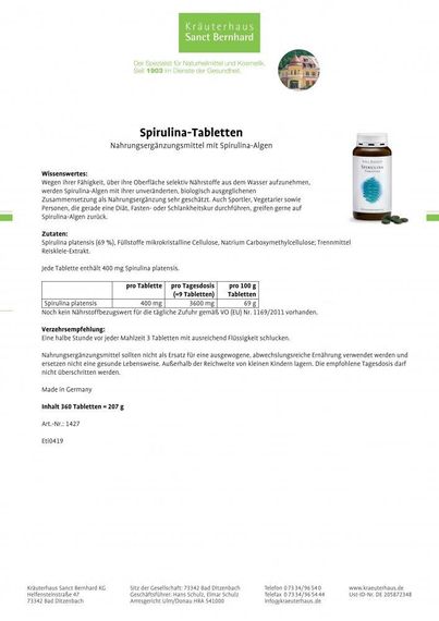 Спіруліна Sanct Bernhard "Spirulina" 400 мг, 360 таблеток, Німеччина | Зображення 1