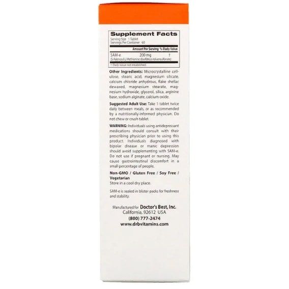 Метіонін Doctor's Best SAM-E (S-Adenosyl-L-Methionine) 200 mg 60 Tabs DRB-00206 | Зображення 2