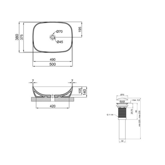 Комплект Qtap Cardinal: Раковина накладна 500×380×140 мм, White, овальна + Донний клапан Pop-up PU02 | Зображення 1