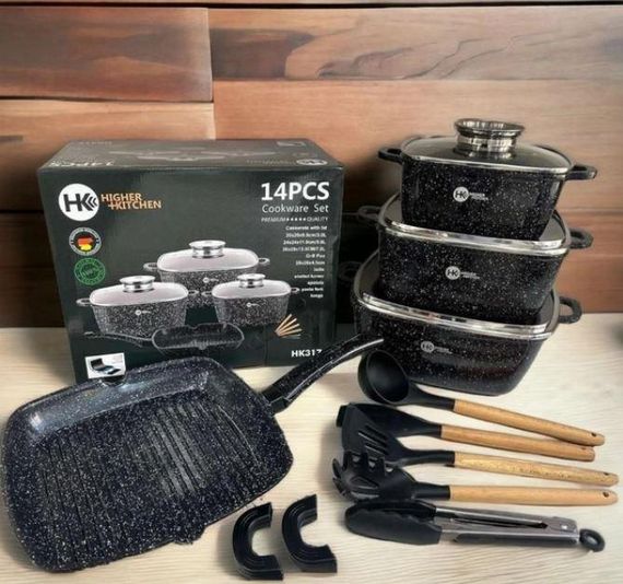 Набір каструль сотейник квадратна сковорода Higer Kitchen НК-317 з лопатками 14 предметів Чорний | Зображення 1