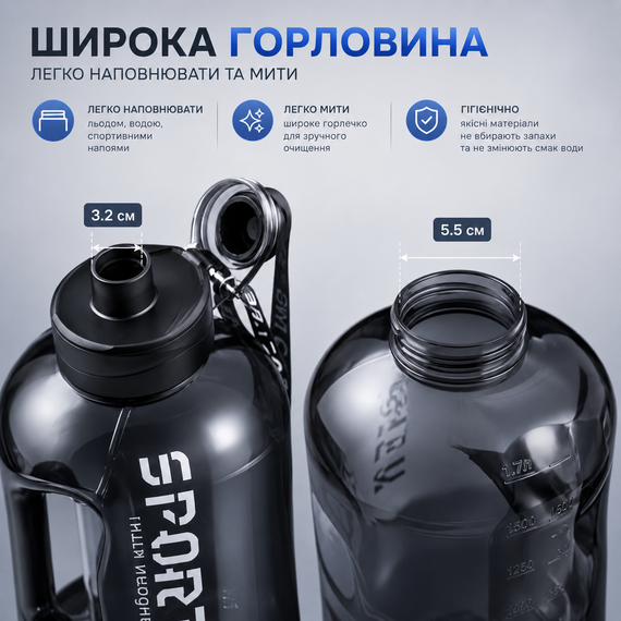 Спортивная бутылка для воды 1700 мл с герметичной крышкой и ручкой, Черная | Зображення 8