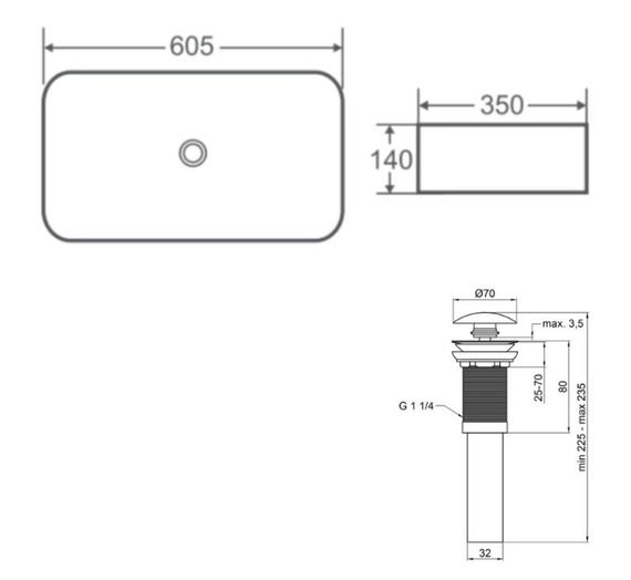 Комплект Qtap Tern: Раковина накладна прямокутна 610x350x135 мм WHITE + Донний клапан PU02 (QT17112270WN47304) | Зображення 1