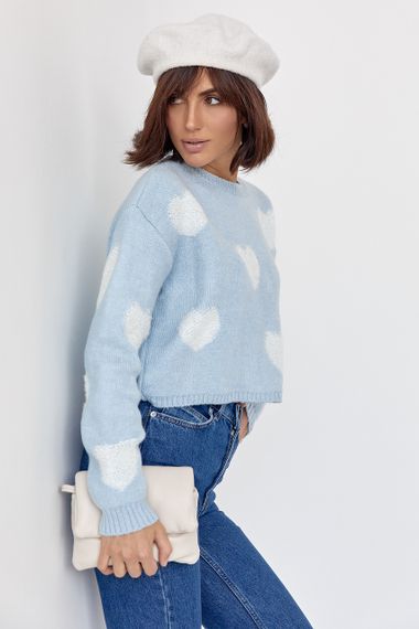 Женский вязаный свитер oversize с сердечками голубой цвет S
