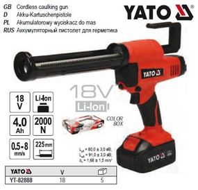 Пістолет для клеїв і герметиків акумул. YATO: Li-Ion 18 В, 4 Року, для тюбів l=225 мм, 0.5-8 мм/с YT-82888