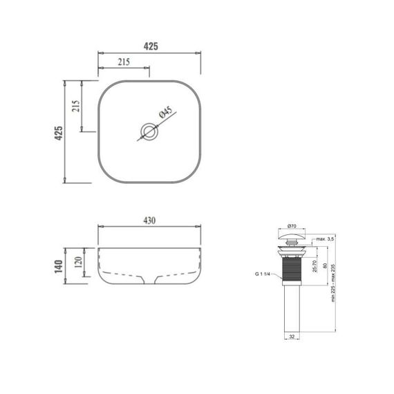 Комплект Qtap Kolibri: Раковина накладна 425x425x140 мм, White, квадратна + Донний клапан Pop-up PU02 | Зображення 1