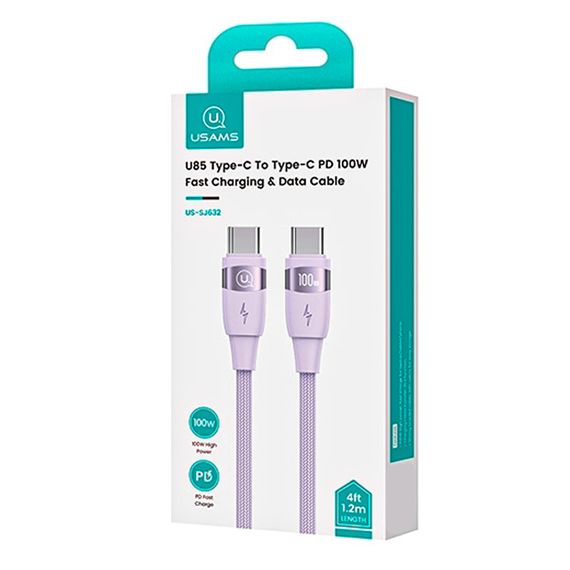 Дата кабель Usams US-SJ633 U85 Type-C to Type-C 100W (2m) Purple | Зображення 1
