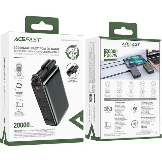 УМБ Acefast 20000mAh 67W PD3.0 20В/3.35A Type-C, USB-A, with cable, Li-ion M4 Black | Зображення 3