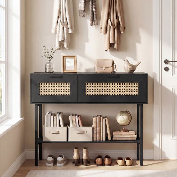 Стіл-консоль Costway Stockholm Rattan з полицею у передпокій лофт чорний | Зображення 4