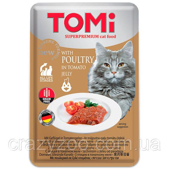 Влажный корм для котов TOMi Poultry In Tomato Jelly птица в томатном желе 100 г 490884