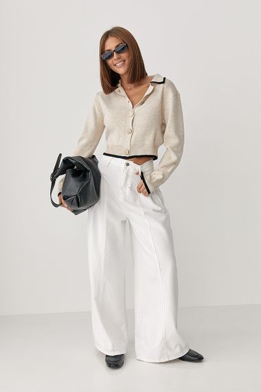 Короткий кардиган на ґудзиках із контрастною окантовкою - бежевий цвет, ONE SIZE (є розміри) | Зображення 2