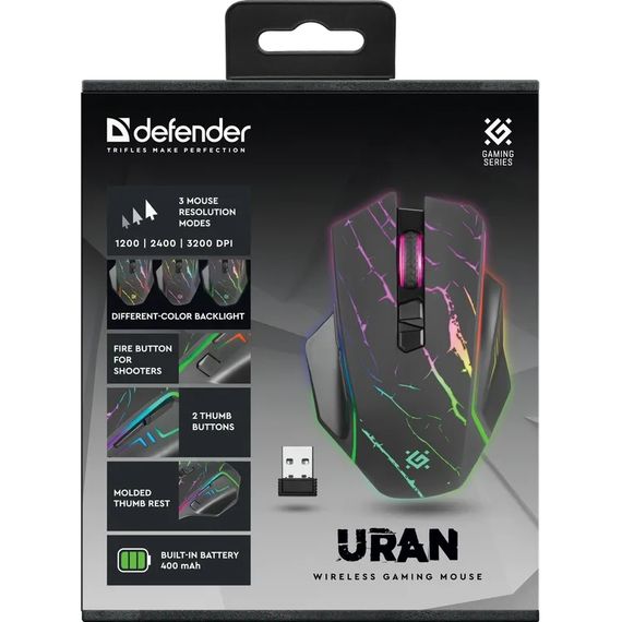 Мишка Defender Uran GM-503, бездротова, ігрова, 3200 dpi., 8кн., 400mAh,  LED, чорна | Зображення 5