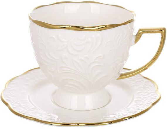 Чашка чайна порцелянова "White City Lily" 250мл із блюдцем та золотим декором