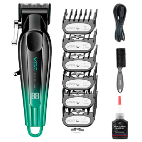 Акумуляторна машинка для стрижки VGR V-662 GREEN, 7000 RPM, 6 насадок, LED дисплей