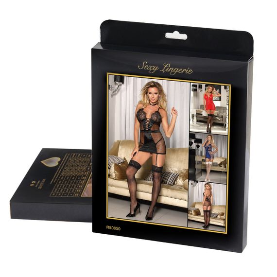 Сексуальний прозорий пеньюар у сіточку з підв'язками Star Night чорний, M Sex Aura | Зображення 5