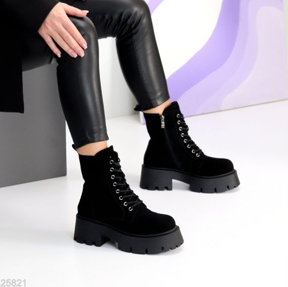 Молодіжні чорні замшеві зимові черевики берці на масивній підошві | Зображення 4