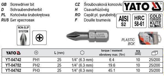Набір біт РН3 х 1/4" l=25 мм 10 штук YT-04762