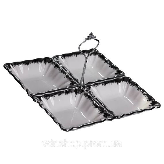 Менажниця порцелянова на 4 секції 22.5×22.5×3 (см) з ручкою Білий зі сріблом LC-BYL-101-S