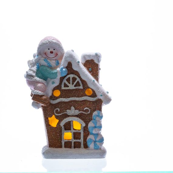 Новорічна декоративна фігурка з підсвіткою 14×9×20 см Новорічний декор Будиночок зі сніговиком з порцеляни CR-6-5 | Зображення 1