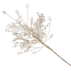 Декоративная ветка хвои с акриловыми каплями 23см, цвет - белый с глиттером шампань