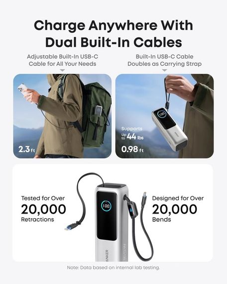Портативний зарядний пристрій Anker 25000 mAh 165W PD Built-In Double USB-C Cables Silver | Зображення 2