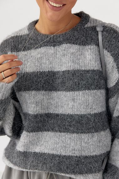 Теплий светр оверсайз у смужку - сірий цвет, ONE SIZE (є розміри) | Зображення 3
