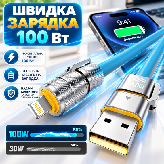 Кабель зарядний 4 в 1 універсальний 2 м блакитний для швидкого заряджання та передачі даних із захистом від перегріву | Зображення 4