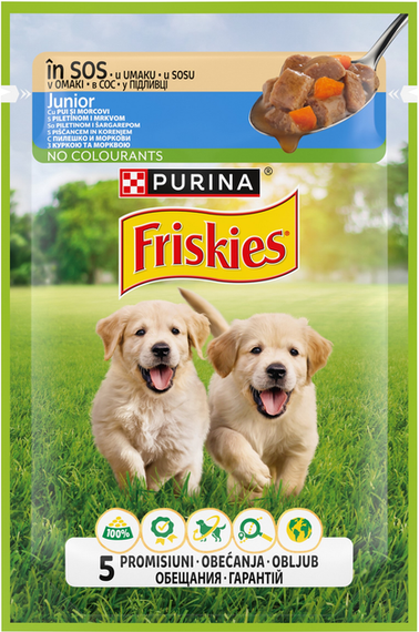 Вологий корм пауч Purina Friskies Junior pouch для цуценят, шматочки в підливі з куркою і морквою, 85г | Зображення 1