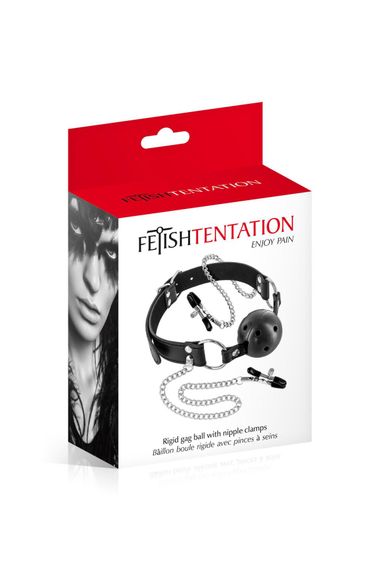 Повітропроникний кляп із затискачами для сосків Fetish Tentation Rigid Gag Ball with Nipple Clamps | Зображення 1
