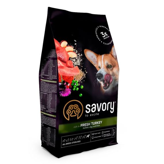 Корм Savory All Breed Sterilised rich in Fresh Turkey сухий з індичкою для стерилізованих собак 1 кг