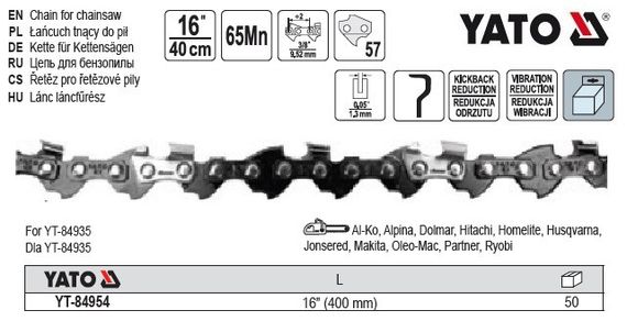 Ланцюг YATO Польша l= 16"/ 40 см (57 ланок) для ланцюгових пил з направляючою шиною YT-84935 YT-84954 | Зображення 1