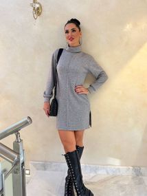 Женское теплое платье из двухсторонней ангоры с поясом GF08566 цвет серый, размер 42/44