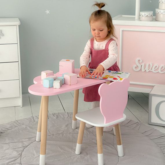 Стіл тучка і стільчик дитячий рожевий медвежа з білим сидінням. Столик для занять, ігор, їжі | Зображення 1