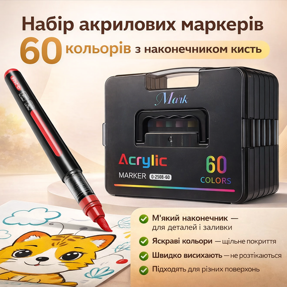 Набір маркерів 60 кольорів із м'яким наконечником пензель Acrylic MAP-15