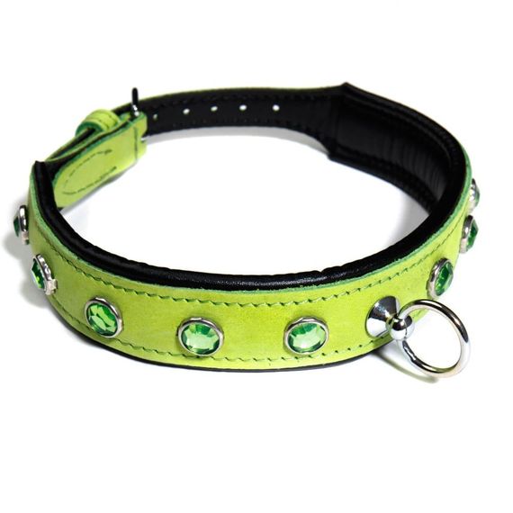 Нашийник зі стразами тонкий DS Fetish шкіряний, салатовий (Голландія) Sex Aura