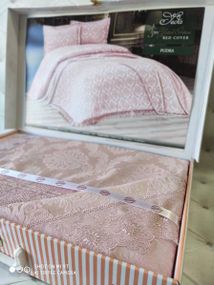 Покрывало(240х240см) с наволочками (50х70см) Karina Seda pudra Жаккард с кружевом