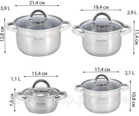 Набор 4 кастрюли Kamille Madrid 1л, 1.8л, 2.5л, 3.8л из нержавеющей стали с мерной шкалой KM-5637S | Зображення 1
