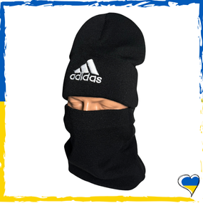 Комплект чорний Adidas шапка и баф на флісі унісекс. Набір теплий. Чоловічий, жіночий, підлітковий, дитячий