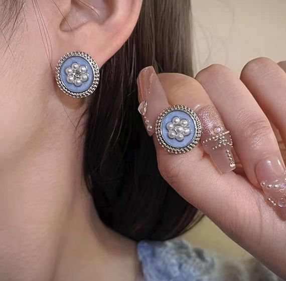 Сережки з перлинками, сережки з камінцями, сережки перламутрові, сережки круглі блакитні, сережки з перламутром, сережки вінтажні | Зображення 2
