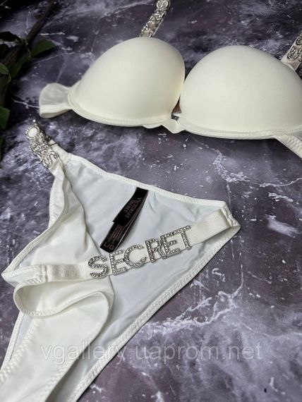Білий комплект жіночої спідньої білизни Victoria's Secret Модель Букви Стрази Вікторія Сікрет 75В