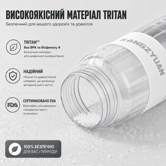 Спортивная бутылка для воды KANGZYUAN 700 мл Белая, Tritan (BPA Free), ударопрочная с ремешком | Зображення 4