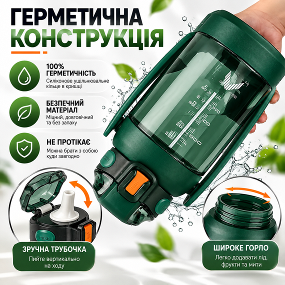 Бутылка для воды TKK 1400 мл зеленая спортивная Tritan BPA Free ударопрочная с соломинкой, ручкой и ремешком через плечо | Зображення 4