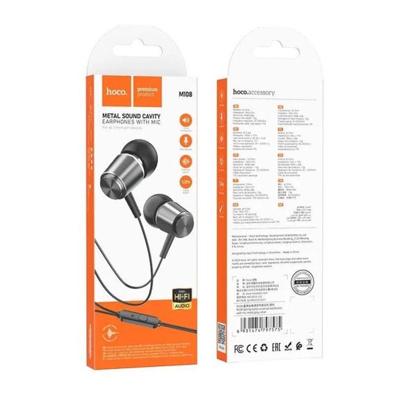 Навушники HOCO M108 Spring metal universal earphones with mic Metal Gray | Зображення 4