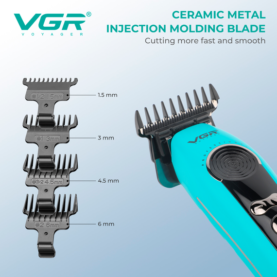 Триммер для стрижки VGR V-299 BLACK, 4 насадки, 9000RPM, 2000 mAh, 5 уровней скорости, LED дисплей | Зображення 4