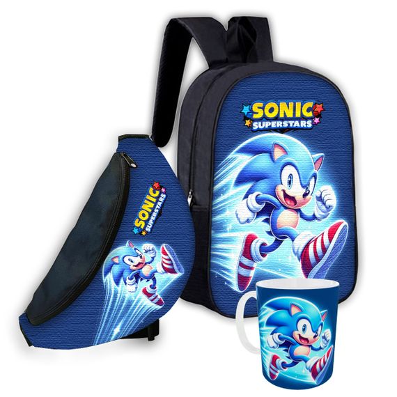 Набор детский Супер Соник рюкзак 36х27см сумка-бананка,кружка с принтом для мальчика (01591)