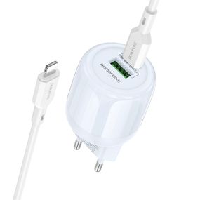МЗП Borofone BA94A Lustrous PD30W+QC3.0 (1USB-A/1C) + кабель Type-C to Lightning Blue